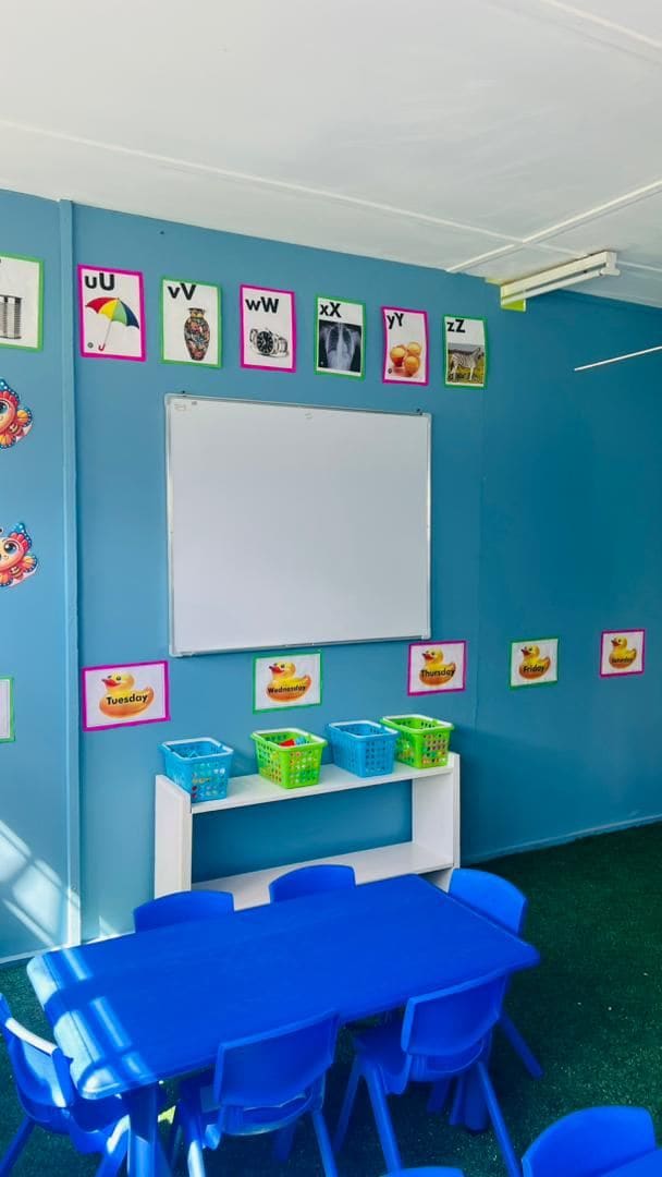 Blue classroom with whiteboard and days of the week