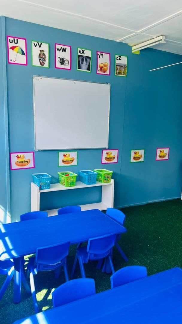 Blue classroom with whiteboard and vocabulary cards