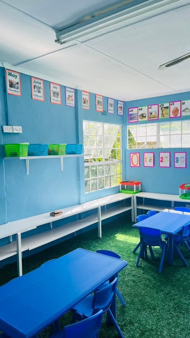 Blue classroom with months and number charts