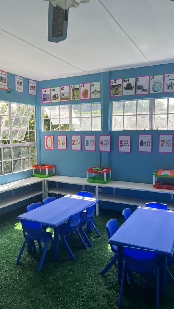 Blue classroom with tables set out for learners