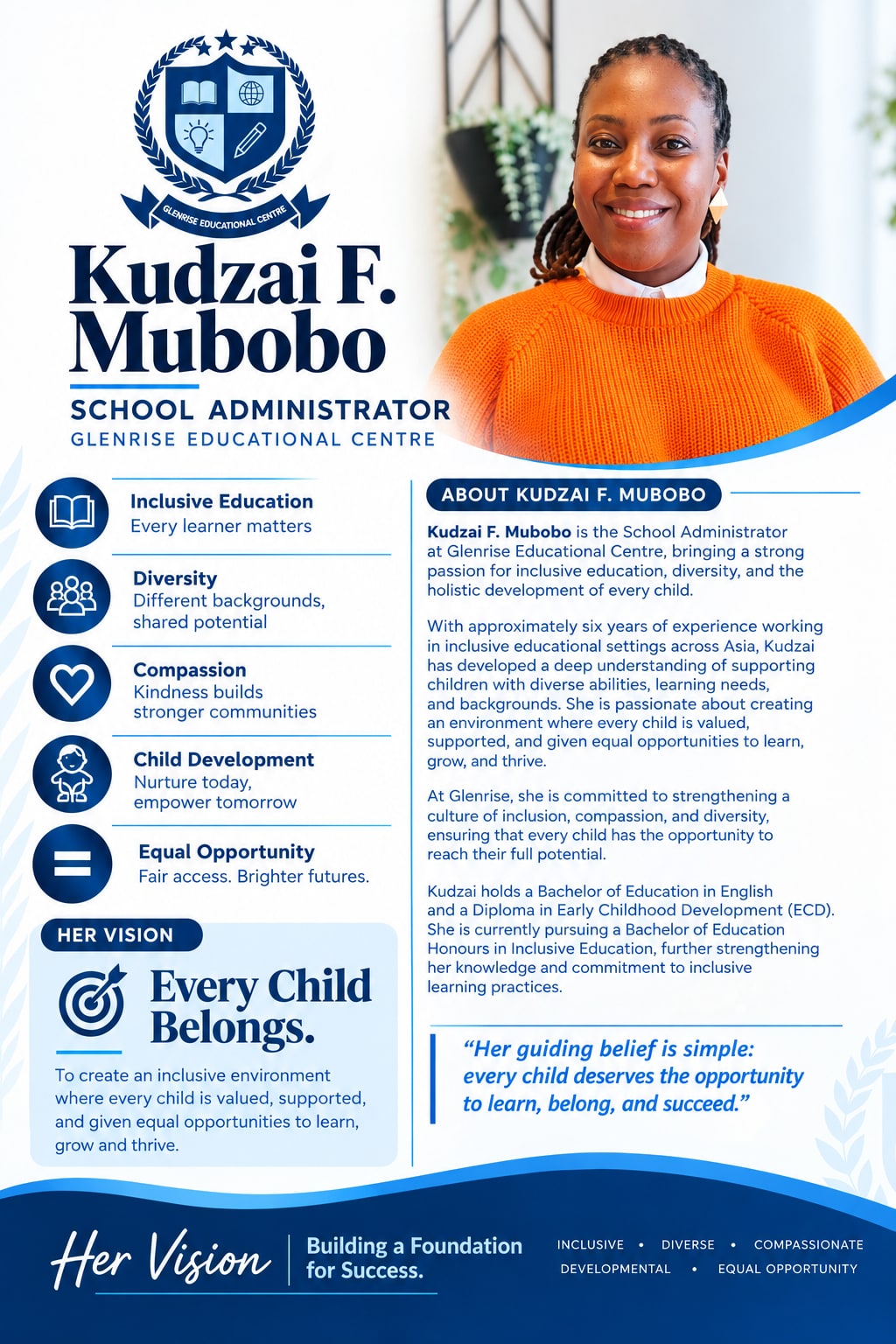 Kudzai F. Mubobo, School Administrator at Glenrise Educational Centre &mdash; profile card with her bio and background