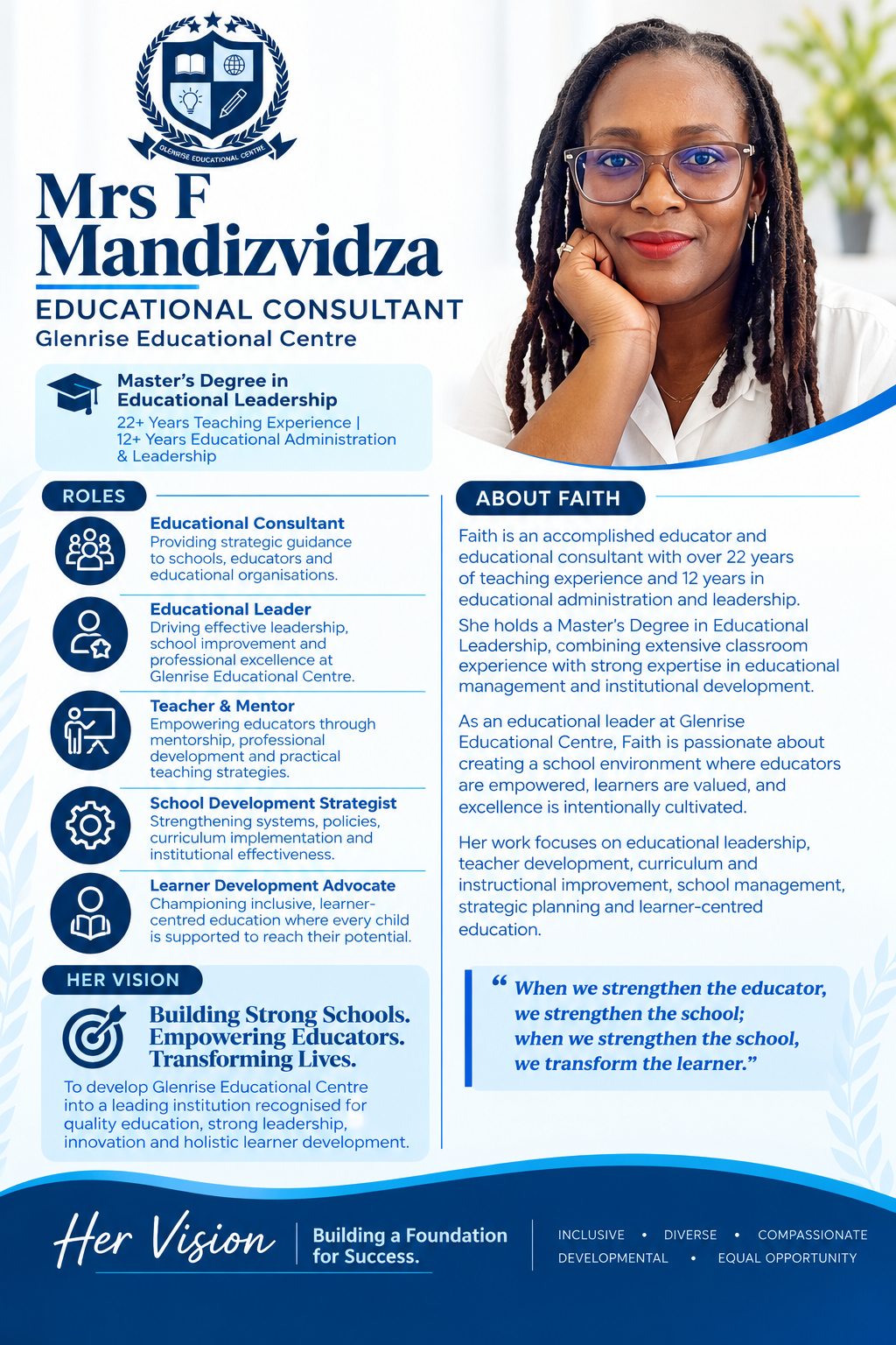 Mrs F. Mandizvidza, Educational Consultant at Glenrise Educational Centre &mdash; profile card with her bio and vision for building strong schools