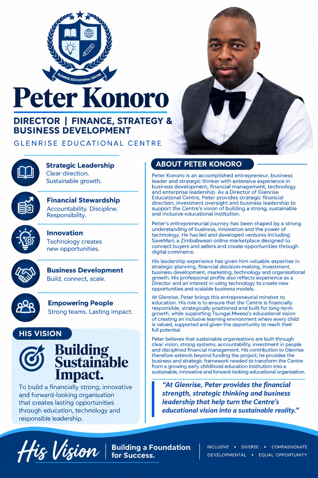Peter Konoro, Director of Finance, Strategy and Business Development at Glenrise Educational Centre &mdash; profile card with his bio and vision for building sustainable impact