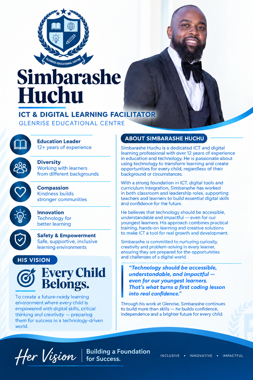 Simbarashe Huchu, ICT and Digital Learning Facilitator at Glenrise Educational Centre &mdash; profile card with his bio and vision for inclusive digital learning
