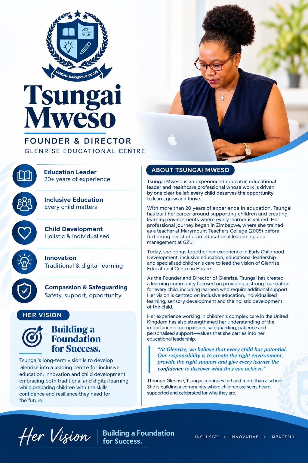 Tsungai Mweso, Founder and Director of Glenrise Educational Centre &mdash; profile card with her bio and vision for inclusive education